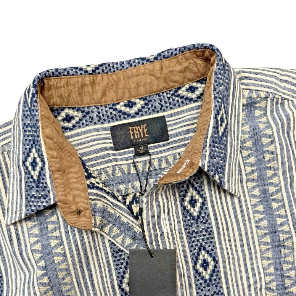 Frye Men's Medium Blue & White Summer IKAT Woven Button Up Short‎ Sleeve New